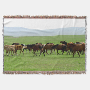 Horses on Grassland - Landscape Photograph Throw Blanket