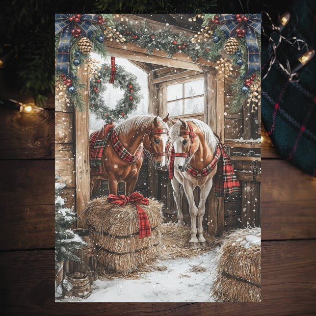Horses Plaid Country Christmas Winter Barn Scene Holiday Card (Creator Uploaded)