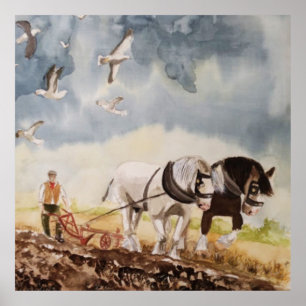 Horses Ploughing Watercolour Poster