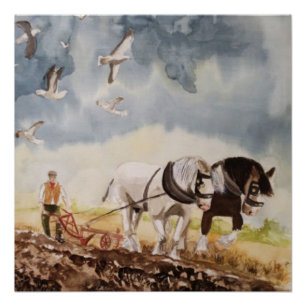 Horses Ploughing Watercolour Poster