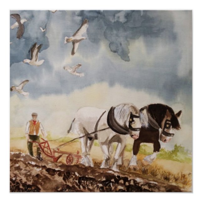 Horses Ploughing Watercolour Poster (Front)