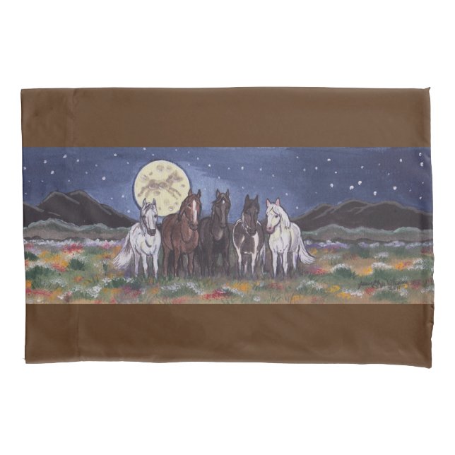 Horses Pony Watch Moon Night Sky Nature Meadow Pillowcase (Front)