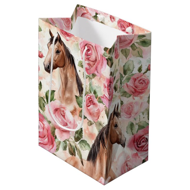 Horses Pretty Pink Roses Floral Birthday Medium Gift Bag (Front Angled)