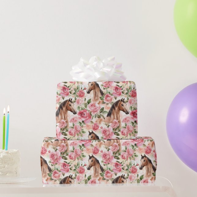 Horses Pretty Pink Roses Floral Birthday Wrapping Paper (Party Gifts)