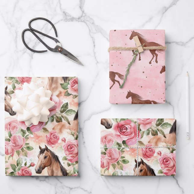 Horses Pretty Pink Roses Floral Birthday Wrapping Paper Sheet (Front)