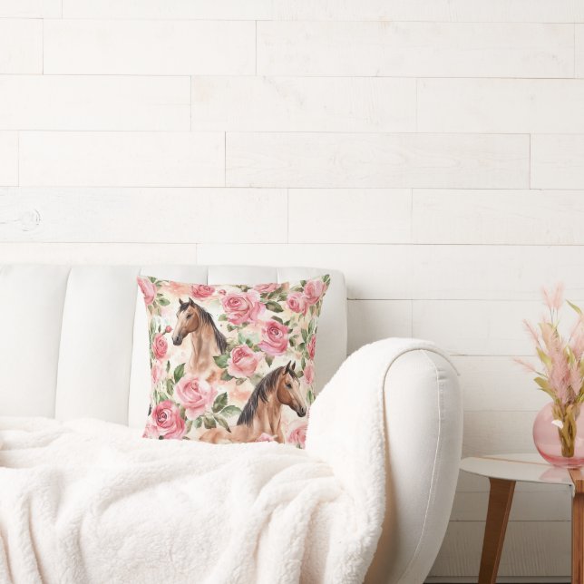 Horses Pretty Pink Roses Floral   Cushion (Couch)