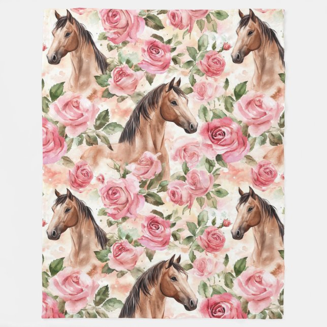 Horses Pretty Pink Roses Floral   Fleece Blanket (Front)