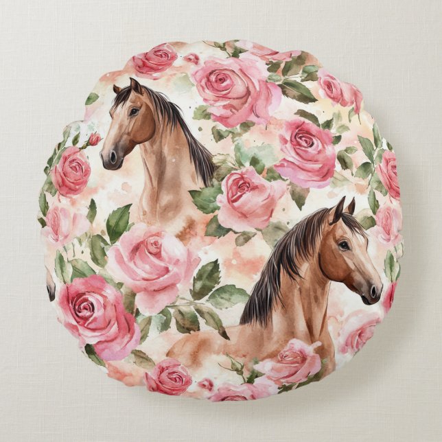 Horses Pretty Pink Roses Floral   Round Cushion (Front)