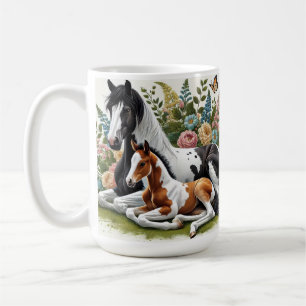 Horses Resting Among Vibrant Flowers and Greenery  Coffee Mug