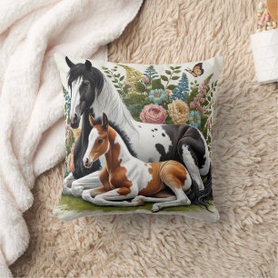 Horses Resting Among Vibrant Flowers and Greenery  Cushion