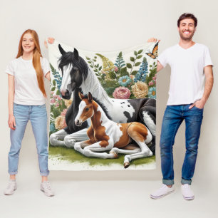 Horses Resting Among Vibrant Flowers and Greenery Fleece Blanket