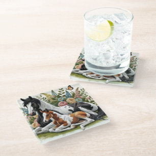 Horses Resting Among Vibrant Flowers and Greenery  Glass Coaster