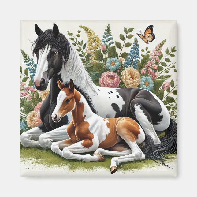 Horses Resting Among Vibrant Flowers and Greenery  Magnet (Front)