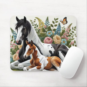 Horses Resting Among Vibrant Flowers and Greenery  Mouse Mat