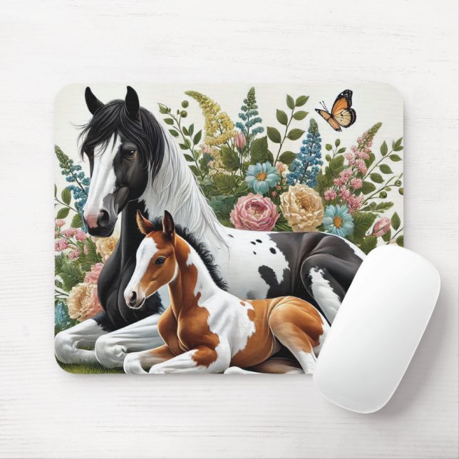 Horses Resting Among Vibrant Flowers and Greenery  Mouse Mat (With Mouse)