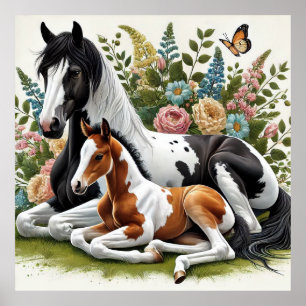 Horses Resting Among Vibrant Flowers and Greenery Poster