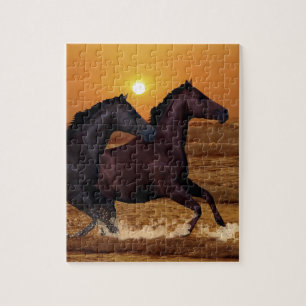 Horses running at ocean sunset jigsaw puzzle