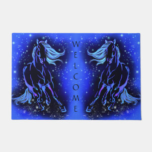 Horses Running Blue Starry Night Doormat Welcome