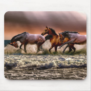 Horses Running in Ocean Surf at Sunset Mouse Mat