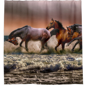 Horses Running in Ocean Surf at Sunset Shower Curtain