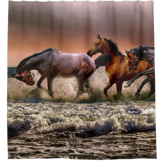 Horses Running in Ocean Surf at Sunset Shower Curtain (Front)