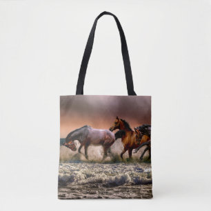 Horses Running in Ocean Surf at Sunset Tote Bag