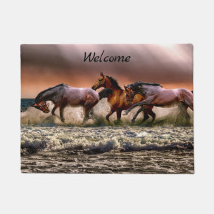 Horses Running in Ocean Surf at Sunset-WELCOME Doormat