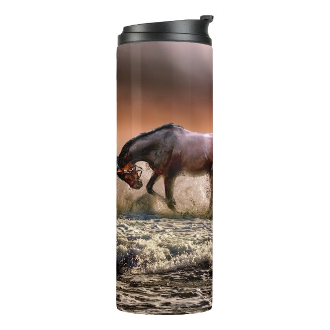 Horses Running in the Ocean Surf at Sunset Thermal Tumbler (Rotated Left)