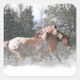Horses Running in the Snow Christmas Square Sticker
