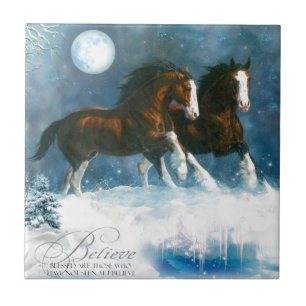 Horses Running In The Snow Tile