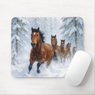 Horses Running Through a Snowy Forest Mouse Mat