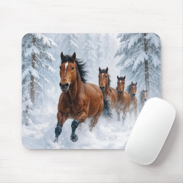 Horses Running Through a Snowy Forest Mouse Mat (With Mouse)