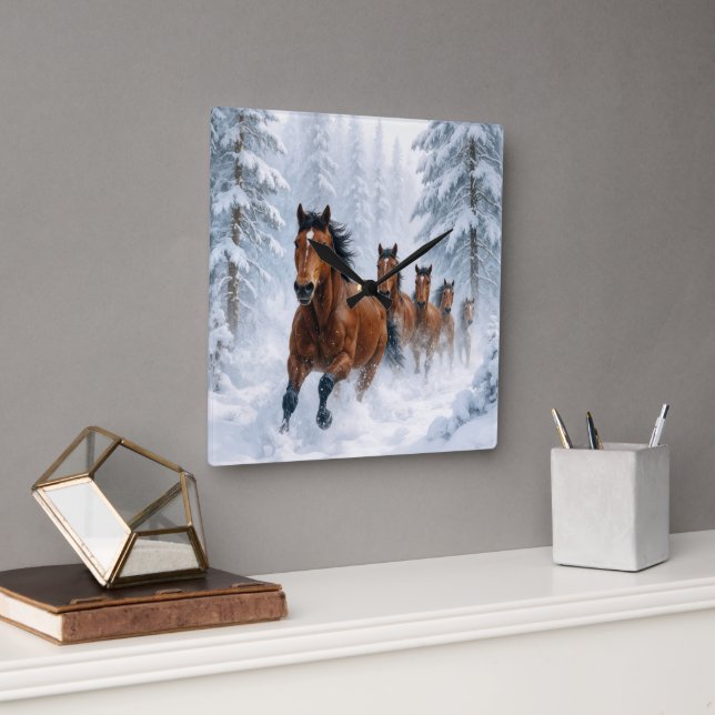 Horses Running Through a Snowy Forest Square Wall Clock (Office)