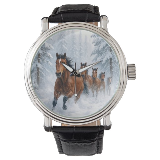 Horses Running Through a Snowy Forest Watch (Front)