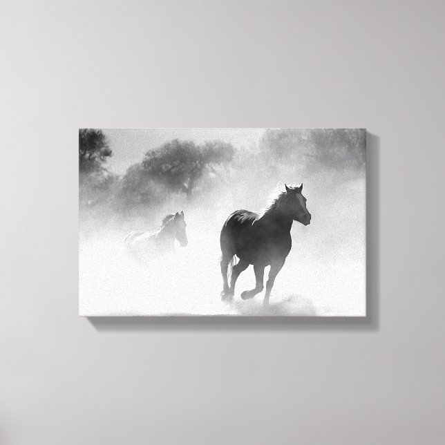 Horses Running through Fog in Black and White Canv Canvas Print (Front)