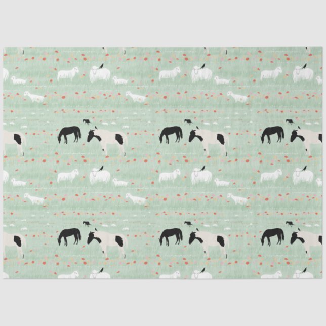 Horses Sheep Farm Pink Orange Flowers  Tissue Paper (Front)