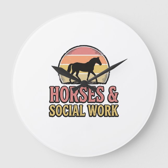 Horses & Social Work Retro Sunset Vector Design_1 Large Clock (Front)