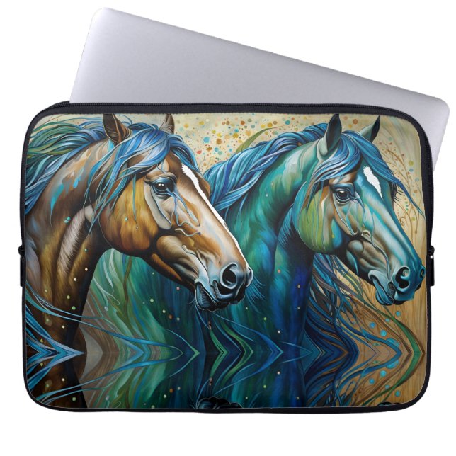 Horses Teal blue green brown Laptop Sleeve (Front)