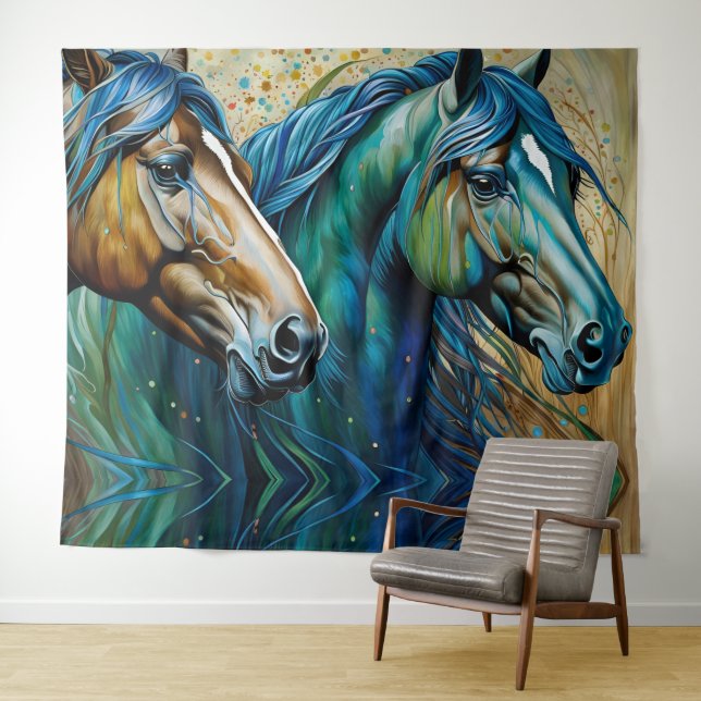 Horses Teal blue green brown Tapestry (In Situ (Horizontal))