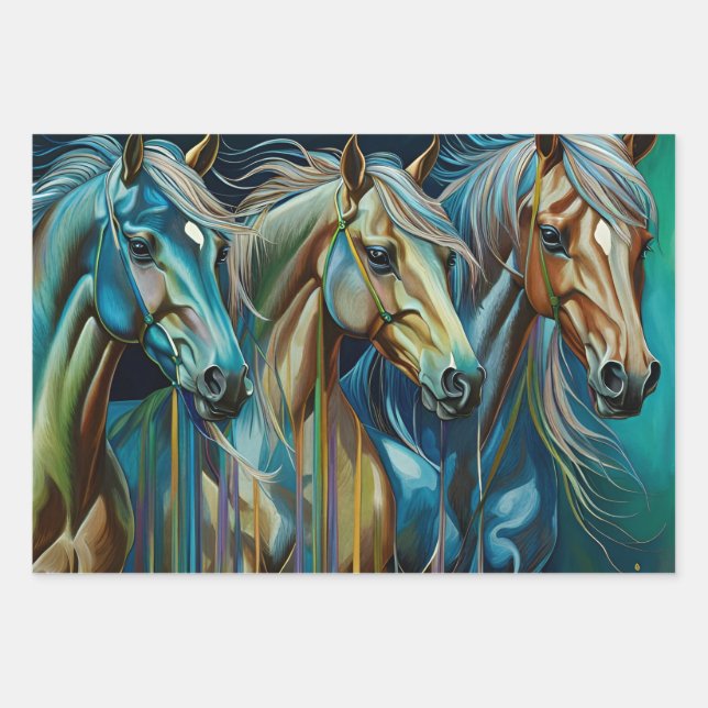 Horses Teal, Wrapping Paper Flat Sheet Set of 3 (Front)