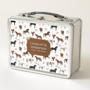 Horses Watercolor Horseshoe Horse Saddles Kids Metal Lunch Box