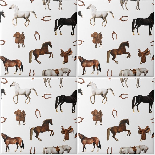 Horses Watercolor Horseshoe Horse Saddles Tile (Horses Watercolor Horseshoe Horse Saddles Ceramic Tile)