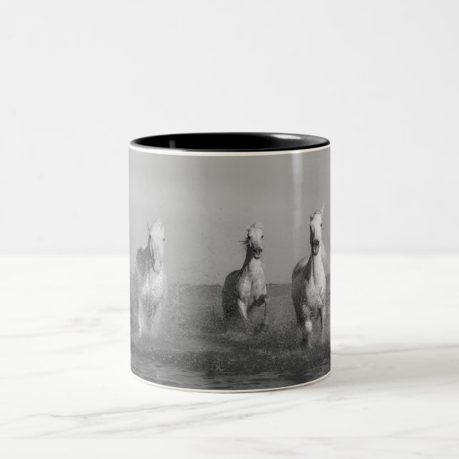 Horses, wild horses, black and white Two-Tone coffee mug (Center)