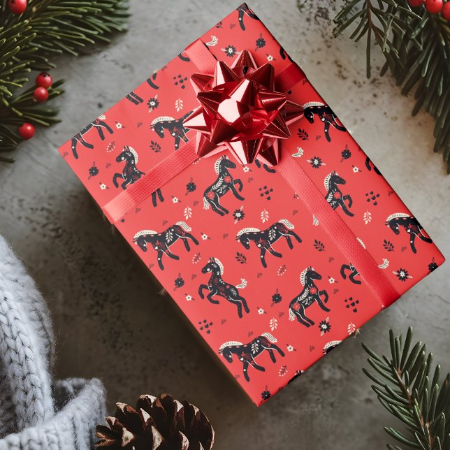 Horses with floral ornament on a red background wrapping paper (Black horses with floral ornaments on a red background, Nordic style)