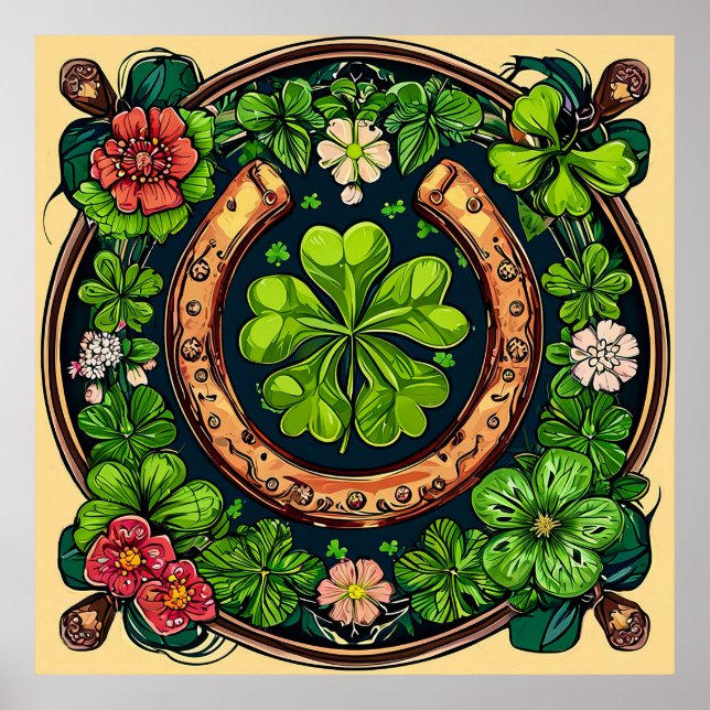 Horseshoe and clover for good luck poster (Front)