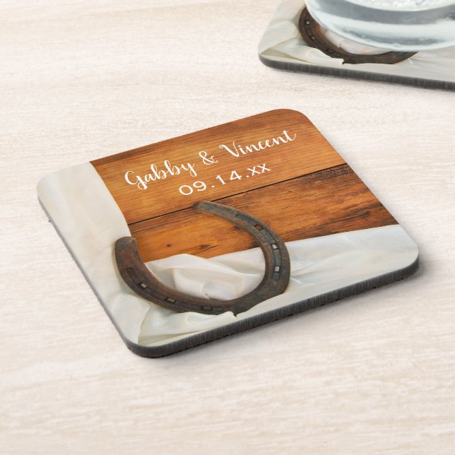 Horseshoe and Satin Country Barn Wedding Coaster (Left Side)