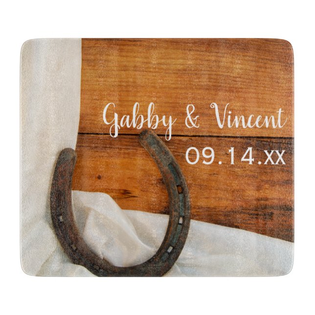 Horseshoe and Satin Country Barn Wedding Cutting Board (Front)