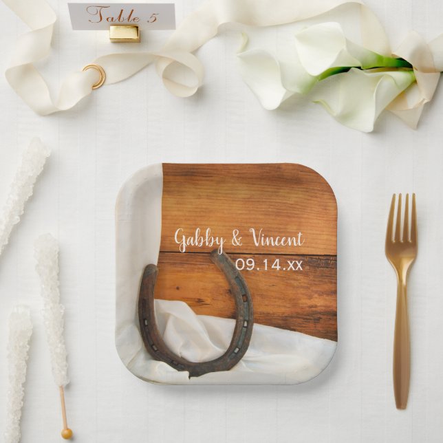 Horseshoe and Satin Country Barn Wedding Paper Plate (Wedding)