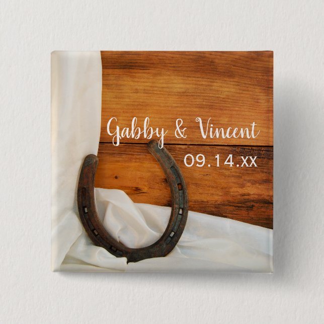 Horseshoe and White Satin Country Barn Wedding 15 Cm Square Badge (Front)
