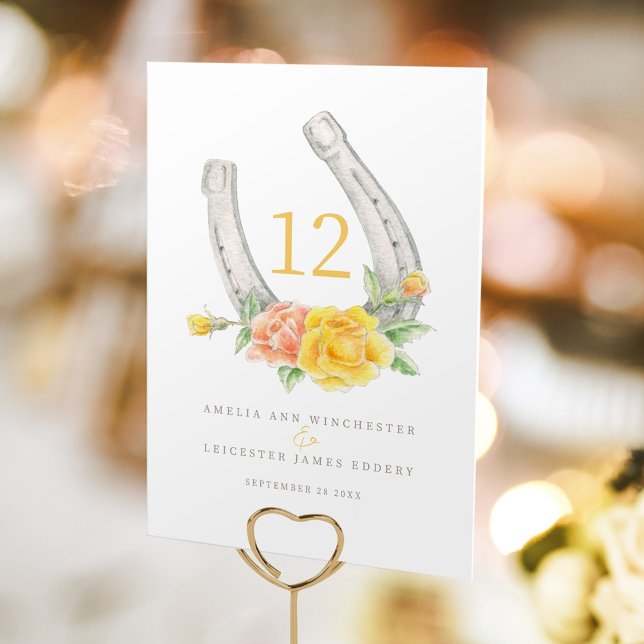 Horseshoe and yellow coral roses monogram  table number (Creator Uploaded)